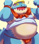 anthro belly blue_body blush clothing hat headgear headwear kemono male overweight overweight_anthro overweight_male shirt solo swimwear topwear emufu lifewonders tokyo_afterschool_summoners makara_(tas) crocodile crocodilian reptile scalie 2017