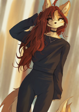 anthro biped bottomwear choker clothed clothed_anthro clothed_female clothing female fingers front_view fully_clothed fully_clothed_anthro fully_clothed_female fur hair inner_ear_fluff jewelry looking_aside necklace solo standing topwear tuft tinygaypirate cotton_(yshanii) canid canine canis dingo mammal 2026 absurd_res digital_drawing_(artwork) digital_media_(artwork) hi_res