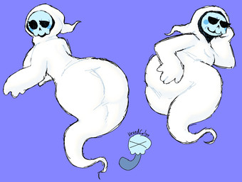 big_butt blue_body bone bored breasts butt cheek_spots eyelashes female floating floating_head full_body_suit ghost_tail hood hood_up jawless long_tongue looking_at_viewer looking_back lying not_furry on_side ptosis skull skull_head solo tongue tongue_out white_body xd vexedcalyx ghost humanoid spirit hi_res
