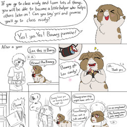 >_< ambiguous_gender baby_talk bandage bandage_on_face bandaged_arm book candy dessert dialogue duo eyes_closed falling feral food hand_on_head happy heterochromia holding_object hug male offscreen_character open_mouth open_smile scared service_animal shaking sitting smile tail text traumatized trembling wrapped_arms wraps young young_ambiguous young_feral young_human young_male yellowcottoncandy030 fluffy_pony fluffy_pony_(species) human mammal 1:1 2025 digital_media_(artwork) english_text hi_res partially_colored