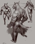 anthro ball biceps claws digitigrade feet fetch fur group hair holding_ball holding_object larger_male male muscular muscular_anthro muscular_male nude simple_background size_difference standing text toes taran_fiddler canid canine canis domestic_dog mammal 2022 4:5 artist_name greyscale hi_res monochrome sketch