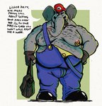 anthro belly body_hair bulge cigar clothing dialogue facial_hair front_view glare hand_on_hip hat headgear headwear holding_bag innuendo male moobs mustache nipple_piercing nipples overalls overweight overweight_anthro overweight_male piercing shirtless shoulder_hair smoking smoking_cigar solo standing text threatening trunk garf_of_finland mario_bros nintendo super_mario_bros_wonder elephant_mario mario elephant elephantid mammal proboscidean 2023 english_text hi_res portrait three-quarter_portrait