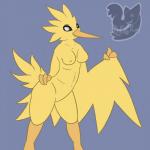 1:1 3_fingers anthro anthrofied avian beak bird black_sclera blue_background breasts crane_(bird) erect_nipples feathered_wings feathers female fingers fur generation_1_pokemon gruiform hi_res legendary_pokemon looking_at_viewer navel nintendo nipples non-mammal_breasts nude pokemon pokemon_(species) pokemorph posexe simple_background smile solo spread_legs spreading standing thick_thighs watermark white_eyes wide_hips wings yellow_body yellow_fur zapdos