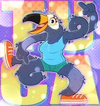 anthro beak bottomwear clothed clothing female footwear happy lined pink_tongue shirt shoes shorts smile sneakers solo stippling text tongue topwear crownedvictory netflix tuca_and_bertie tuca_(tuca_and_bertie) avian bird ramphastos toco_toucan toucan 2020 hi_res