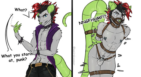 2_panel_comic alternative_fashion angry anthro balls bdsm belt belt_bondage black_hair bondage bottomwear bound bracelet chastity_cage chastity_device cigarette clenched_teeth clothing collar cross-popping_vein ear_piercing ear_ring facial_piercing flat_chastity_cage fur gag gagged genitals grey_body grey_fur hair hands_behind_back harness holding_cigarette holding_object jewelry male male_anthro muzzle_(object) muzzled nose_piercing nose_ring pants pasties piercing punk punk_hair red_hair restrained ring_piercing shocked simple_background small_waist solo spiked_bracelet spiked_collar spikes standing submissive submissive_anthro submissive_male tail tail_bondage tail_tied teeth thick_thighs topwear vest wearing_chastity_cage wearing_chastity_device white_background wide_eyed wide_hips weird_cooper american_opossum mammal marsupial hi_res