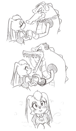 anthro back_spikes blush blush_lines bodily_fluids chain_necklace clothing duo electronics eyes_closed female floppy_ears gaping_mouth gloves hand_holding handwear head_tuft headphones jewelry lop_ears male necklace open_mouth saliva saliva_string sharp_teeth snout spikes spikes_(anatomy) sweat sweatdrop teeth tuft eruueue sega sonic_the_hedgehog_(series) vanilla_the_rabbit vector_the_crocodile crocodile crocodilian lagomorph leporid mammal rabbit reptile scalie hi_res monochrome