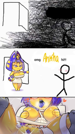 anthro bandage big_breasts blue_body blue_fur blue_hair blue_tongue blue_vulva blush bodily_fluids breasts cum cum_in_vagina cum_inside dialogue duo ejaculation female fur genital_fluids genitals hair heart_symbol male male/female markings open_mouth sex short_hair shortstack shortstack_female striped_markings striped_tail stripes tail tail_markings text thick_thighs tongue uraeus vulva wide_hips yellow_body yellow_fur justgya animal_crossing nintendo omg_hi! ankha_(animal_crossing) domestic_cat felid feline felis mammal 9:16 absurd_res comic hi_res meme