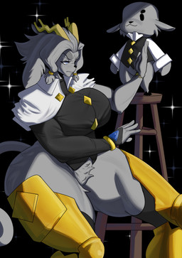 5_fingers accessory anthro antlers armwear big_breasts big_butt black_armwear black_clothing black_eyes black_gloves black_handwear black_hooves black_legwear black_topwear black_vest bracelet breasts butt cloak clothed clothing crotch_tuft dot_eyes duo eyebrows featureless_crotch female fingerless_gloves fingers gloves grey_eyes grey_hair hair hair_accessory hairband half-closed_eyes handwear hooves horn huge_breasts huge_butt huge_thighs humanoid_hands jewelry larger_anthro larger_female legwear male narrowed_eyes pantsless pose pupils shirt simple_eyes size_difference smaller_anthro smaller_male star thick_eyebrows thick_thighs tight_clothing topwear tuft vest white_cloak white_clothing white_shirt white_topwear yellow_antlers yellow_clothing yellow_legwear nicoguer pseudoregalia butler_(pseudoregalia) sybil_(pseudoregalia) bovid caprine goat mammal 2025 absurd_res hi_res