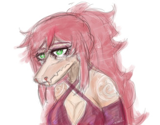 anthro arm_tattoo armwear big_breasts blood bodily_fluids bra breasts clothing dead_inside elbow_gloves female front_view frown gloves green_eyes hair handwear long_hair non-mammal_breasts nosebleed red_bra red_clothing red_gloves red_hair red_handwear red_underwear sad shoulder_tattoo simple_background solo tan_body tattoo text underwear white_background araziel6666 cavemanon_studios volcaldera_ashfall ashley_(volcaldera_ashfall) dinosaur dromaeosaurid prehistoric_species reptile saurischian scalie theropod absurd_res artist_name bust_portrait colored colored_sketch hi_res portrait shaded sketch