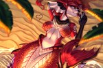 anthro beach bodily_fluids breasts female fur heart_symbol merfur palm_tree plant pose red_body red_fur saliva saliva_string sand scales sea seaside solo split_form summer tongue tongue_out tree water stronkfurry canid canine fox hybrid mammal marine merfolk 3:2 hi_res pinup