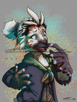 abstract_background anthro beak beak_growth black_body black_feathers blue_eyes clothing feather_growth feathers growth human_to_anthro male mid_transformation pupils slit_pupils solo species_transformation text transformation white_body white_feathers wheatart nintendo the_legend_of_zelda tulin_(tloz) avian human mammal rito hi_res url watermark