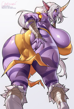 bandage big_breasts big_butt breasts butt clothing dress female hair horn huge_breasts huge_butt purple_body purple_skin solo tattoo white_hair yellow_clothing yellow_dress yellow_eyes gutsumi league_of_legends riot_games tencent soraka humanoid absurd_res hi_res