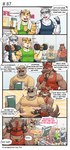 anthro belly_grab boss_(gym_pals) bovid bovine canid canine canis cattle clothing comic dialogue english_text exercise felid gym_pals h155296 hand_on_shoulder hat headgear headwear hi_res male mammal manager_(gym_pals) myosotis_(gym_pals) pal_(gym_pals) pantherine question_mark shirt tank_top text tiger topwear weightlifting wolf workout