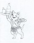 ambiguous_gender belt beverage blush bottle claws clothed clothing container cup feet feral food go_(food) one_eye_closed rope smile solo standing tail waiter waiter_tray wink yang_(artist) capcom monster_hunter felid felyne lynian mammal absurd_res hi_res traditional_media_(artwork)