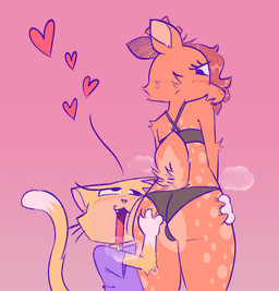 anthro big_butt blue_clothing blue_shirt blue_topwear blush bodily_fluids body_worship butt butt_grab butt_worship clothing drooling duo eyelashes face_on_butt female gloves_(marking) hand_on_butt head_on_butt heart_symbol kneeling long_tail looking_at_another looking_back looking_up low-angle_view markings orange_body panties pressed_against raised_tail rear_view saliva shirt spots spotted_body standing t-shirt tail topwear underwear whiskers yellow_body funnysillydog deer domestic_cat felid feline felis mammal