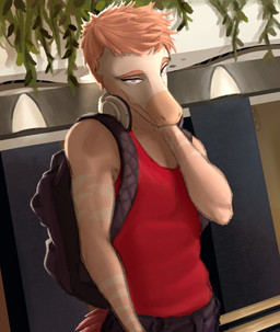 anthro backpack biped black_bottomwear black_clothing black_pants bottomwear clothed clothed_anthro clothed_male clothing detailed_background electronics eyebrows feathered_tail feathers front_view hair half-closed_eyes head_down headphones headphones_around_neck looking_at_viewer male narrowed_eyes orange_hair pants pink_body pink_scales purple_eyes red_body red_clothing red_feathers red_shirt red_tank_top red_topwear scales shirt short_hair solo standing tail tank_top text topwear half-coco cavemanon_studios goodbye_volcano_high snoot_game reed_(gvh) dinosaur dromaeosaurid prehistoric_species reptile scalie theropod velociraptor 2024 absurd_res artist_name colored half-length_portrait hi_res portrait