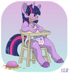 anthro anthrofied bottomwear bowl clothing container cutlery diaper dirty female food high_chair horn kitchen_utensils smile solo spilled_food spilled_liquid spoon tools underwear stargal_galexi friendship_is_magic hasbro my_little_pony mythology twilight_sparkle_(mlp) equid equine mammal mythological_creature mythological_equine unicorn hi_res