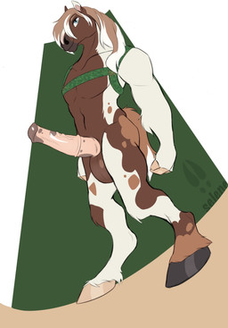 animal_genitalia animal_penis anthro balls blue_eyes chest_harness equine_genitalia equine_penis erection fur genitals harness hooves male mane mottled mottled_body mottled_fur nude nude_anthro nude_male penis piebald piebald_body piebald_fur smile smirk solo tail selene_moon murphythehonse clydesdale draft_horse equid equine horse mammal hi_res