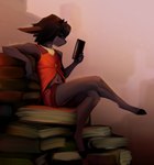 anthro black_body black_fur book clothed clothing crossed_legs fully_clothed fur hair holding_book holding_object hooves horn light male midriff navel reading red_clothing red_topwear sitting solo topwear jarnqk linus_(jarnqk) bovid caprine demon goat mammal 2022 absurd_res hi_res lighting shaded signature