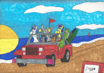 beach blue_eyes car cloud cutie_mark detailed_background disc_jockey driving eyewear feathered_wings feathers female feral grey_body grey_feathers group headlight horn inside_car inside_vehicle male outside sand seaside sky summer sunglasses sunset tail truck vehicle water wings 5j4c720 chrysler friendship_is_magic hasbro jeep my_little_pony mythology stellantis_n.v. bonbon_(mlp) derpy_hooves_(mlp) doctor_whooves_(mlp) lyra_heartstrings_(mlp) octavia_(mlp) vinyl_scratch_(mlp) earth_pony equid equine horse mammal mythological_creature mythological_equine pegasus pony unicorn 2012 hi_res