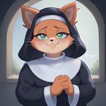 anthro clothing female fur green_eyes hands_together looking_at_viewer nun nun_habit nun_outfit orange_body orange_fur religious_clothing solo window pamaht9 domestic_cat felid feline felis mammal 1:1 hi_res signature spanish_description