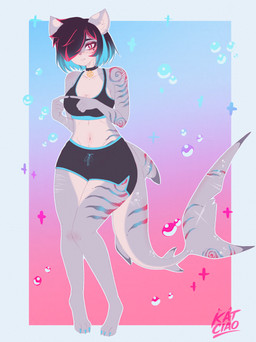 alternate_hairstyle alternative_fashion anthro athletic athletic_wear blue_eyes blue_hair blush blush_lines blushing_at_viewer body_blush bow_ribbon boy_shorts bra bubble choker clothing collar crop_top emo eyelashes eyeshadow female female/female fingers fur goth grunge_(fashion) hair heart_(marking) heart_eyes heart_symbol jewelry kemono leg_scar makeup markings midriff multicolored_body multicolored_fur multicolored_hair necklace notched_tail occult_symbol pentagram pentagram_circle pentagram_necklace pupils red_eyes red_hair scar scars_all_over scars_on_tail scene_(fashion) scene_haircut shark_fin shark_tail shark_teeth shirt shy shy_pose shy_smile solo sparklefur sparkles sparkling_background sparkling_character sparkling_eyes sports_bra sportswear striped_body striped_markings striped_tail stripes swimming_trunks swimwear swirl_(marking) swirls symbol tail tail_markings thigh_scar tiger_ears topwear two-piece_swimsuit two_tone_body two_tone_hair underwear white_pupils katciao kaiko_(katciao) aquatic fish humanoid requiem_shark shark tiger_shark absurd_res hi_res