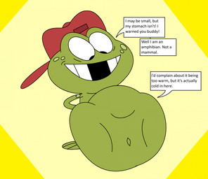 alter_ego ambiguous_gender ambiguous_prey anthro belly big_belly clothing duo green_body hat headgear headwear looking_at_prey looking_down male male_pred missing_tooth navel red_cap vore heavymetalrules nickelodeon the_loud_house ribbon_(the_loud_house) amphibian frog 2026 hi_res