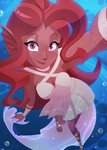 breasts bubble cleavage clothed clothing dress female hair looking_at_viewer pupils purple_eyes red_hair selfie slit_pupils solo underwater water light262 hasbro my_little_pony fan_character mezma_(oc) humanoid siren siren_humanoid hi_res