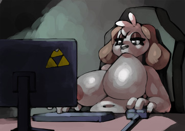 anthro belly big_belly big_breasts breast_play breast_suck breasts clothed clothing computer computer_mouse electronics female female_anthro keyboard monitor nude overweight overweight_anthro overweight_female self_suckle solo sucking topless topless_anthro topless_female triforce_symbol bittenhard titty_sucking_method roxy_boxen beagle canid canine canis domestic_dog hunting_dog mammal scent_hound hi_res meme