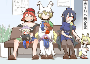 2_tails aged_down armor bench blonde_hair blue_clothing blue_dress blue_hair bonnet book bottomwear breasts brown_hair clothed clothing dress eyes_closed female fool's_hat footwear fully_clothed group hair hat headgear headwear hug hugging_another humanoid_pointy_ears inside legwear mobcap multi_tail on_lap pantyhose pauldron pointy_ears reading reading_book red_eyes red_hair romper_suit shoes short_sleeves sitting sitting_on_lap skirt sleeping slippers sound_effects tail text tokin_hat vowelless vowelless_sound_effect white_clothing white_dress young young_female young_humanoid zzz zannen_na_hito touhou chen_(touhou) clownpiece hecatia_lapislazuli megumu_iizunamaru ran_yakumo tsukasa_kudamaki animal_humanoid canid canid_humanoid canine canine_humanoid cat_humanoid fairy felid felid_humanoid feline feline_humanoid fox_humanoid human humanoid mammal mammal_humanoid japanese_text