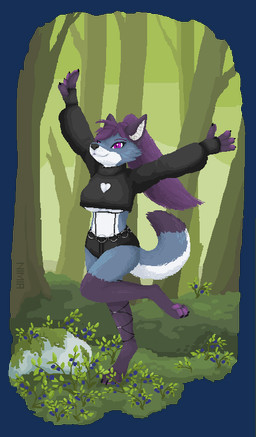 anthro belly blue_body blue_fur blueberry_(fruit) bottomwear clothing crop_top female foggy_background food forest freedom fruit fur hair nimia(artist) pawpads paws plant purple_eyes purple_hair rock running shirt shorts solo topwear tree white_belly lulu_silverfox canid canine fox mammal red_fox silver_fox true_fox alpha_channel