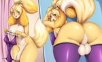 accessory animal_crossing anthro anus areola backsack balls big_breasts big_penis biped blonde_hair blush bottomless breasts butt canid canine canis clothed clothing curvy_figure dipstick_tail domestic_dog flaccid fur genitals gynomorph hair hair_accessory hi_res intersex isabelle_(animal_crossing) leaning leaning_forward legwear looking_at_viewer looking_back mammal markings mleonheart multicolored_tail nintendo nipple_dip nipples nude open_mouth penis presenting presenting_hindquarters raised_tail rear_view shih_tzu smile solo standing stockings tail tail_markings thick_thighs thigh_highs tongue toy_dog voluptuous white_body white_fur wide_hips yellow_body yellow_eyes yellow_fur