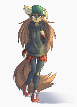 anthro backpack beanie black_nose breasts brown_body brown_eyes brown_fur brown_hair cheek_tuft clothing ear_piercing eyebrow_through_hair eyebrows eyelashes facial_markings facial_piercing facial_tattoo facial_tuft female female_anthro floppy_ears footwear fur furgonomic_piercing furgonomics gauged_ear grey_background hair hat head_markings headgear headwear hoodie inner_ear_fluff leg_tuft long_hair looking_aside markings mottled mottled_nose muzzle_piercing neck_markings neck_tattoo nose_piercing pattern_clothing pattern_shirt pattern_topwear piercing pink_nose plaid plaid_clothing plaid_shirt plaid_topwear plantigrade raised_arm shadow shirt shoes simple_background slim small_breasts solo standing tattoo topwear torn_clothing torn_thigh_highs translucent translucent_hair tuft tinygaypirate apogee_(tinygaypirate) canid canine canis domestic_dog mammal spitz absurd_res hi_res