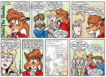 angry anthro beard black_nose blonde_hair breasts brown_hair cleavage clothed clothed_female clothed_male clothing coat dialogue dipstick_ears ear_markings eyes_closed eyewear facial_hair female fur glasses group hair inside male multicolored_ears mustache open_mouth orange_body orange_fur text topwear trio style_wager dela_the_hooda dela_aldershaw frank_dunn jane_dunn canid canine fox hooda human mammal comic english_text