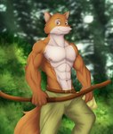 abs anthro athletic athletic_anthro athletic_male belt bottomwear bow_(feature) clothing forest forest_background fur green_bottomwear green_clothing green_pants looking_at_viewer male muscular muscular_anthro muscular_male nature nature_background navel nipples orange_body orange_fur pants pecs plant shirtless slight_smile solo tail tree white_body white_fur chibikoma disney robin_hood_(disney) robin_hood canid canine fox mammal red_fox true_fox hi_res