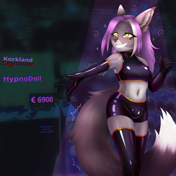 anthro blush bottomwear breasts clothed clothing crop_top empty_eyes footwear fur gloves gynomorph hair handwear hypnosis intersex knee_highs knee_socks latex latex_clothing legwear looking_at_viewer mind_control purple_hair shaking shirt shivering shorts smile socks solo submissive tail teeth text tight_clothing topwear yellow_eyes dutchsyndicalist canid canine fox mammal 1:1 digital_media_(artwork) english_text hi_res trans_(lore) trans_woman_(lore)