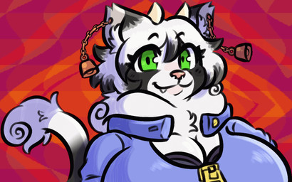 anthro bell_ear_ring big_breasts black_body black_fur breasts cleavage clothed clothing cowbell dewlap_(anatomy) ear_piercing ear_ring fangs fluffy fluffy_tail fur green_eyes hair horn huge_breasts inner_ear_fluff looking_at_viewer multicolored_body multicolored_fur piercing ring_piercing smile smiling_at_viewer tail talking_to_viewer teeth tuft two_tone_body two_tone_fur white_body white_fur white_hair zipper pknoel earthbound_(series) nintendo moomew_(moomew) bovid bovine cattle domestic_cat felid feline felis hybrid mammal tuxedo_cat 2026 2d_animation animated animated_gif headshot_portrait icon portrait shaded short_playtime genderfluid_(lore)