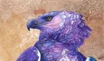 ambiguous_form ambiguous_gender beak black_beak feathered_wings feathers looking_at_viewer looking_back purple_body purple_feathers simple_background solo textured_background wings yellow_eyes novawuff accipitrid accipitriform avian bird eagle harpy_eagle 2013 absurd_res hi_res portrait