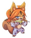 anthro bra brown_body brown_fur claws clothing costume countershading eating fake_ears fangs female fluffy fluffy_tail food fur hair holding_food holding_object jack-o'-lantern looking_aside looking_at_viewer navel orange_hair ponytail simple_background solo tail teeth tied_hair underwear werewolf_costume white_background young doneru mizett_(doneru) flying_squirrel mammal rodent sciurid hi_res adult_(lore)