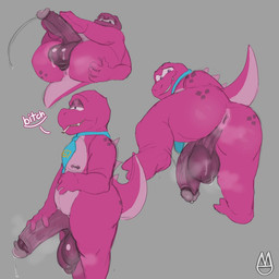 accessory anthro anus backsack balls big_balls big_penis bodily_fluids butt erection genital_fluids genitals glans grey_background male musk necktie nipples nude penis pink_body precum simple_background slightly_chubby solo standing tail text moonydoony gameoverse glitch_productions gobbles_(gameoverse) dinosaur prehistoric_species reptile scalie 1:1 2026 english_text