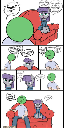 bodily_fluids clothed clothing dialogue duo ellipsis exclamation_point female feral furniture hair male purple_hair question_mark simple_background sofa sweat text white_background shoutingisfun friendship_is_magic hasbro my_little_pony anon boulder_(mlp) maud_pie_(mlp) earth_pony equid equine horse human mammal pony 2016 comic english_text hi_res