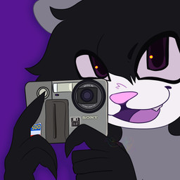 anthro black_body black_fur camera claws fur grey_body grey_fur male pink_nose simple_background smile solo sony_mavica teeth tongue white_body white_fur catbrr_(artist) sony_corporation douse_(helimopp) american_opossum mammal marsupial virginia_opossum 1:1 bust_portrait hi_res portrait