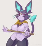 anthro big_breasts breasts clothed clothing female grey_background holding_object looking_at_viewer purple_body red_eyes simple_background solo thick_thighs cooliehigh league_of_legends riot_games tencent battle_principal_yuumi yuumi_(lol) domestic_cat felid feline felis mammal 2019 hi_res