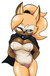 anthro big_breasts black_cloak black_clothing black_nose blue_eyes breasts brown_body brown_fur cleavage cloak clothed clothing eyelashes fangs female front_view fur hair hands_behind_back leotard one_eye_closed ponytail pupils simple_background slightly_chubby slit_pupils solo tan_body tan_fur teeth thick_thighs white_background white_body white_clothing white_fur white_leotard wide_hips coolranchdummy idw_publishing sega sonic_the_hedgehog_(comics) sonic_the_hedgehog_(idw) sonic_the_hedgehog_(series) whisper_the_wolf canid canine canis mammal wolf hi_res