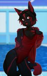 2017 ambiguous_gender anthro blep clothed clothing digital_media_(artwork) elbrar eyewear felid femboy goggles hi_res iwbitu jacket mammal one-piece_swimsuit open_clothing open_jacket open_topwear shaded smile solo sport_swimsuit standing swimwear tongue tongue_out topwear wide_hips