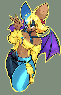 anthro big_breasts blonde_hair blue_hair bottomwear breasts clothing dark_body ear_piercing ear_ring eyelashes eyelashes_through_hair female gesture glistening glistening_breasts green_eyes hair hand_gesture jacket membrane_(anatomy) membranous_wings midriff navel open_mouth open_smile pants piercing ring_piercing smile solo topwear translucent translucent_hair v_sign wings zipper jamoart nintendo pokemon pokemon_legends_z-a sega sonic_the_hedgehog_(series) canari_(pokemon) rouge_the_bat bat mammal 2025 hi_res