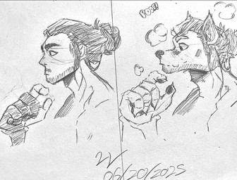 anthro cloud hair hair_bun human_to_anthro male poof poof_effect poof_transformation solo species_transformation transformation autumnprotogen canid canine canis humanoid mammal wolf 2025 dated monochrome signature sketch sketch_page