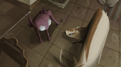 acting_like_a_cat ambiguous_gender blue_eyes detailed_background duo feral floor fut gem gem_eyes inside looking_at_another pupils purple_eyes quadruped shadow tail tile tile_floor louysecosa nintendo pokemon generation_3_pokemon linoone pokemon_(species) sableye 2025 hi_res