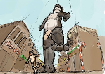 anthro balls black_body blue_sky brown_body brown_fur candy candy_cane city city_destruction claws day dessert destruction duo fleeing food fur genitals gingerbread_house half-erect holidays macro macro_male male male/male micro micro_pov nude_macro nude_male open_mouth penis peppermint_(candy) running scared sky tan_body tan_fur white_body jeri_kleinlowe christmas mammal rodent species_request 2012 colored guide_lines