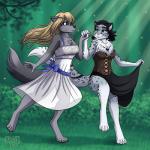 1:1 2019 4_toes 5_fingers accessory adira_riftwall anthro barefoot black_hair black_nose black_pawpads blonde_hair blue_eyes blush bottomwear breasts canid canine canis chest_tuft claws cleavage clothed clothing corset corset_dress curtsey dancing digital_media_(artwork) digitigrade dipstick_tail dress duo feet felid female fingers fluffy fluffy_tail forest full-length_portrait fur furgonomics grey_body grey_fur hair hair_accessory hairclip heart_symbol heresy_(artist) hi_res jensca keidran lingerie long_hair mammal markings multicolored_body multicolored_fur multicolored_tail outside pantherine pawpads pink_nose pink_pawpads plant portrait ribbons shaded silhouette skirt smile snow_leopard spots sundress tail tail_markings tail_through_skirt toes topwear translucent translucent_clothing translucent_hair tree tuft two_tone_body two_tone_fur twokinds white_body white_fur wolf